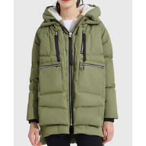 Orolay Down Coat Parka Women Army Green Puffer Hooded Zipper Split Size XS # 113